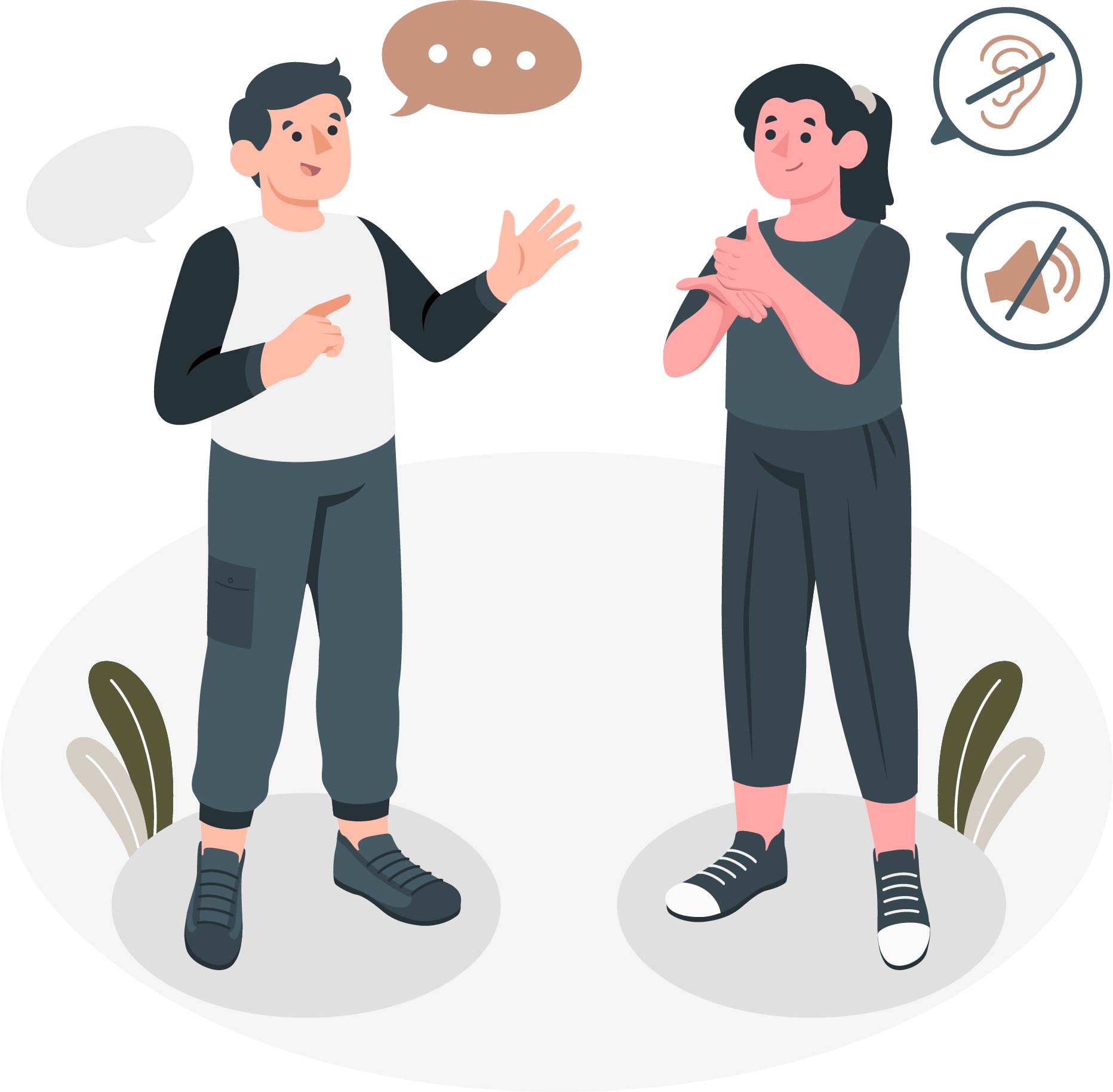 Illustrated image of a man and woman signing to each other with sign language.